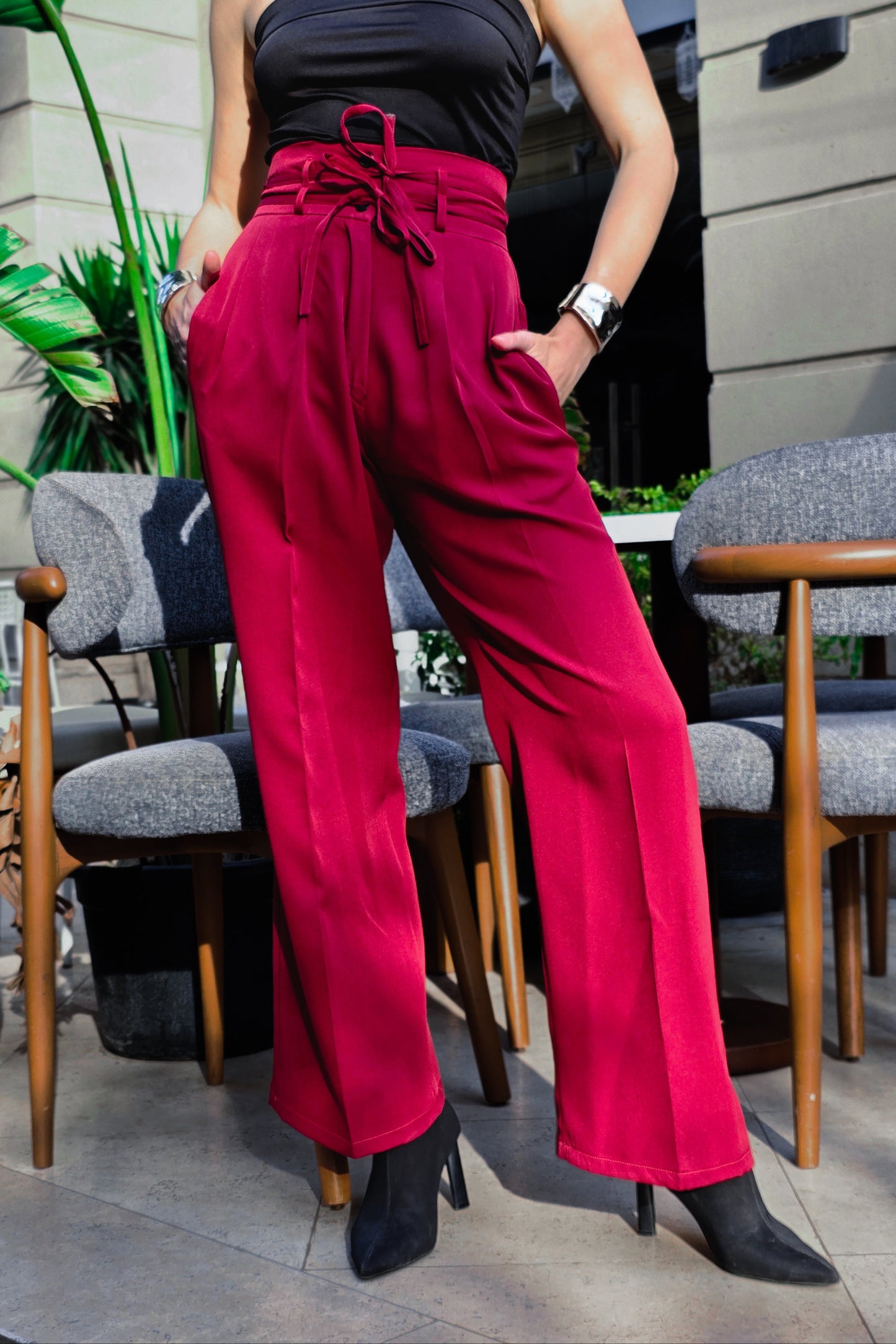 Rosalyn High-Waist Flow Pants – Burgundy