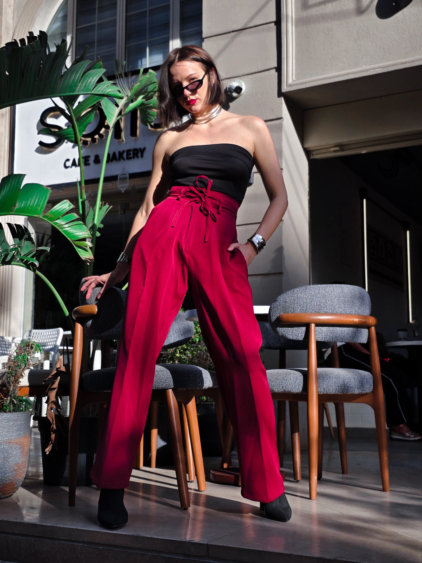 Rosalyn High-Waist Flow Pants – Burgundy