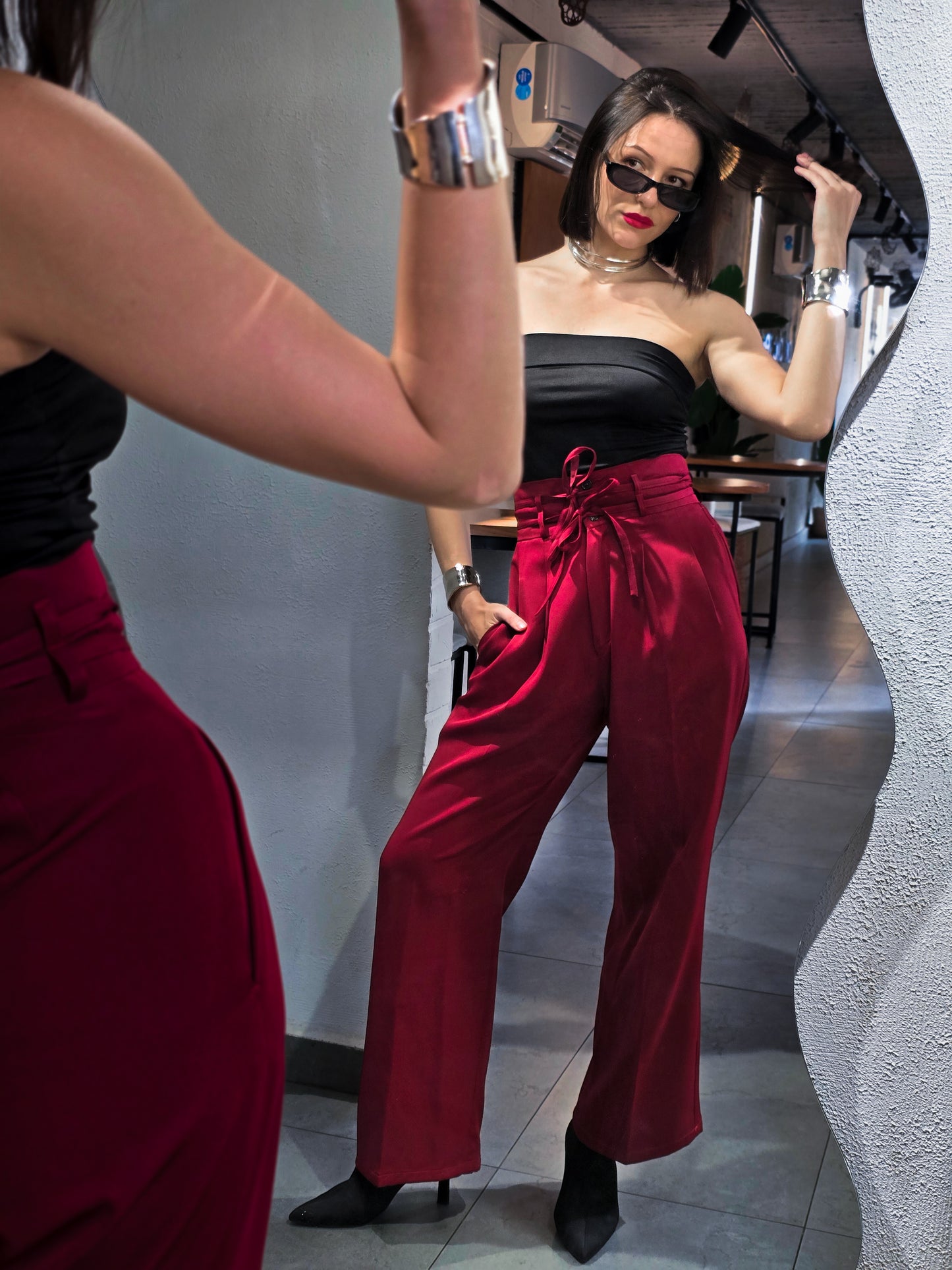 Rosalyn High-Waist Flow Pants – Burgundy